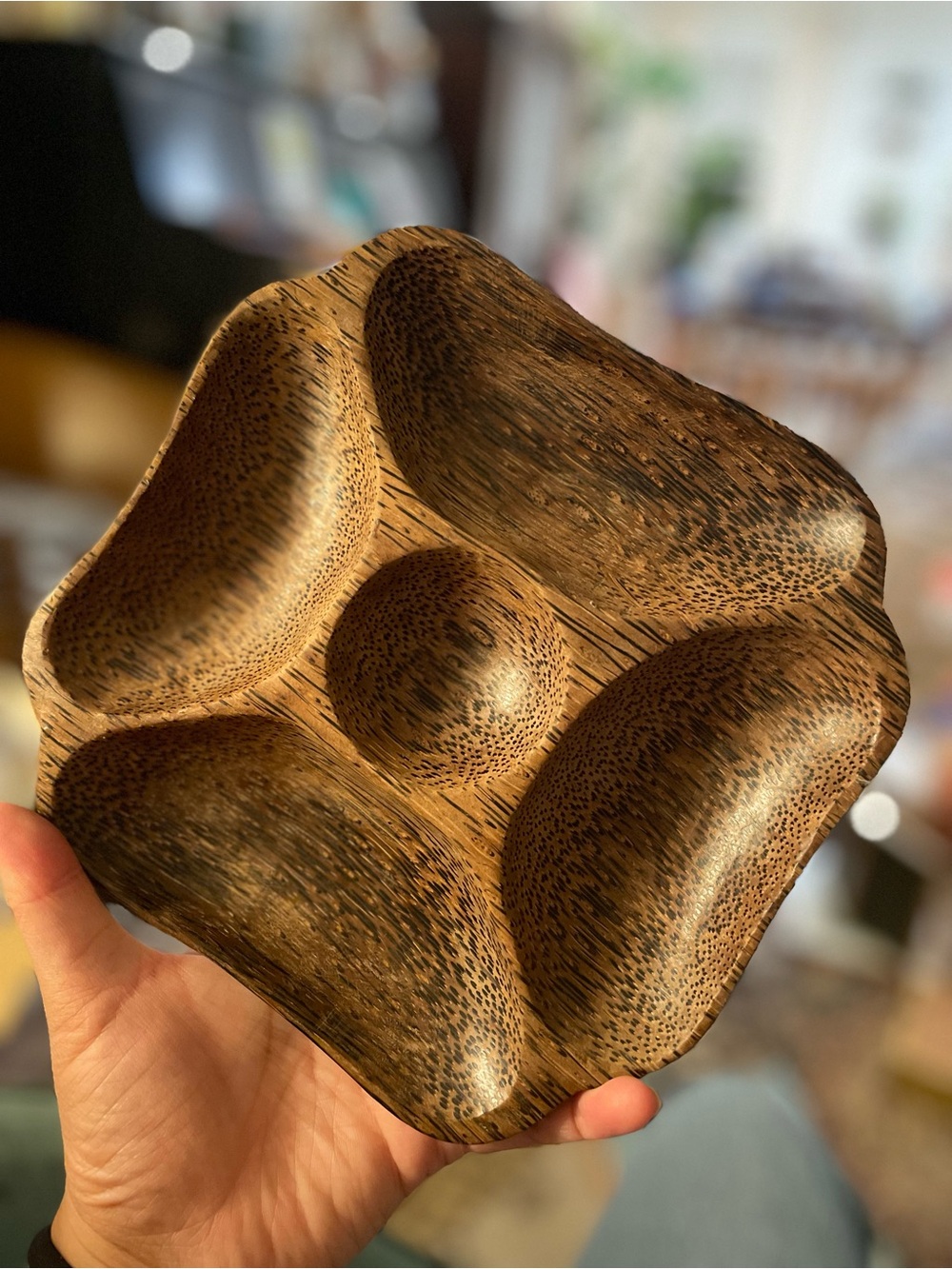 Vintage Handcrafted Coconut Wood Serving Tray - Multi-Compartment Trinket Dish